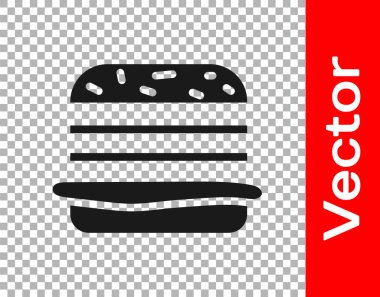 Siyah Burger simgesi şeffaf arka planda izole. Hamburger simgesi. Cheeseburger sandviç işareti. Fast Food menüsü. Vektör Illustration.
