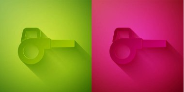 Kağıt kesiği Yaprak üfleyici simgesi yeşil ve pembe arka planda izole edilmiş. Kağıt sanatı tarzı. Vektör İllüstrasyonu.