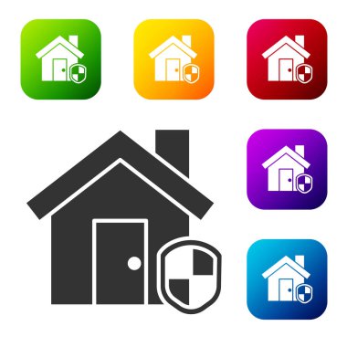 Beyaz arka planda izole edilmiş koruma simgesi altındaki Kara Ev. Ev ve kalkan. Koruma, güvenlik, güvenlik, koruma, savunma konsepti. Renkli kare düğmelerle simgeleri ayarla. Vektör İllüstrasyonu.