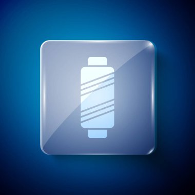 Mavi arkaplanda beyaz dikiş ipliği izole edilmiş. İplik makarası. İplik kutusu. Kare cam paneller. Vektör İllüstrasyonu.