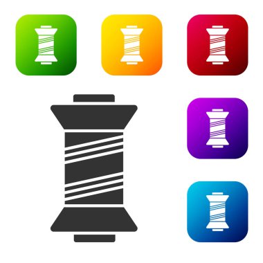 Beyaz arkaplanda siyah dikiş ipliği izole edilmiş. İplik makarası. İplik kutusu. Renkli kare düğmelerle simgeleri ayarla. Vektör İllüstrasyonu.