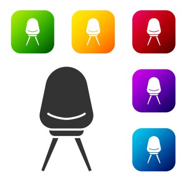 Siyah ofis koltuğu simgesi beyaz arkaplanda izole edildi. Renkli kare düğmelerle simgeleri ayarla. Vektör İllüstrasyonu.