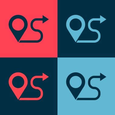 Pop Art Route konum simgesi renk arkaplanında izole edildi. Harita işaretçisi işareti. Yol ya da yol kavramı. GPS navigatörü. Vektör İllüstrasyonu.