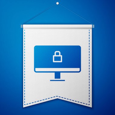 Mavi arkaplanda, bilgisayar ekranındaki Mavi Kilit simgesi izole edildi. Güvenlik, güvenlik, koruma kavramı. Güvenli bir ağ. Beyaz flama şablonu. Vektör İllüstrasyonu.