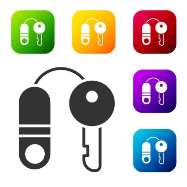 Beyaz arka planda anahtar simgesi olan siyah ev. Ev anahtarının konsepti. Renkli kare düğmelerle simgeleri ayarla. Vektör İllüstrasyonu.