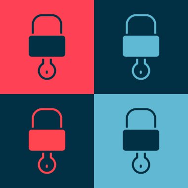 Pop sanat kilidi ve anahtar simgesi renk arkaplanında izole edildi. Asma kilit işareti. Güvenlik, güvenlik, koruma, gizlilik kavramı. Vektör İllüstrasyonu.