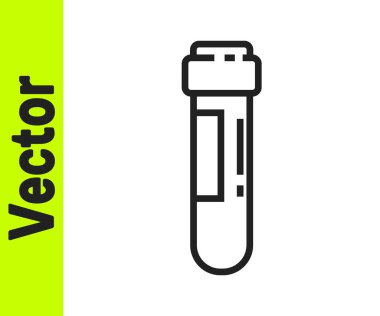 Siyah çizgi test tüpü ya da beyaz arka planda kan ikonu olan matara. Laboratuvar, kimyasal, bilimsel cam levha. Vektör İllüstrasyonu.