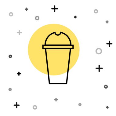 Beyaz arkaplanda siyah çizgi milkshake simgesi izole edildi. Kapaklı ve samanlı plastik bardak. Rastgele dinamik şekiller. Vektör İllüstrasyonu.