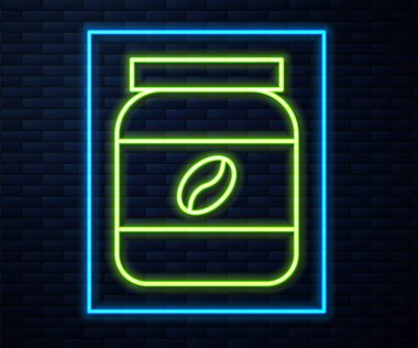 Parlayan neon hattı. Tuğla duvarda izole edilmiş kahve kavanozu ikonu. Vektör İllüstrasyonu.