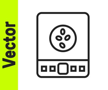 Beyaz arka planda siyah çizgi Elektronik kahve ölçekli ikon izole edildi. Ağırlık ölçüm aletleri. Vektör İllüstrasyonu.