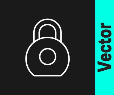 Beyaz çizgi Kettlebell simgesi siyah arkaplanda izole edildi. Spor malzemeleri. Vektör İllüstrasyonu.