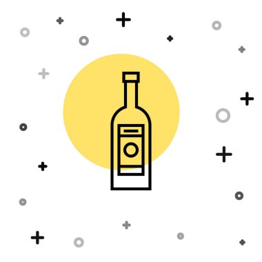 Siyah çizgili cam şişe beyaz arka planda izole edilmiş votka ikonu. Rastgele dinamik şekiller. Vektör İllüstrasyonu.