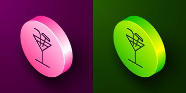 Mor ve yeşil arkaplanda izole edilmiş Isometric çizgisi Kokteyl simgesi. Çember düğmesi. Vektör İllüstrasyonu.