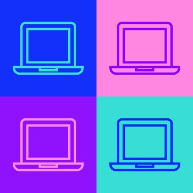 Pop sanat eseri dizüstü bilgisayar simgesi renk arkaplanında izole edildi. Boş ekran işaretli bilgisayar defteri. Vektör İllüstrasyonu.