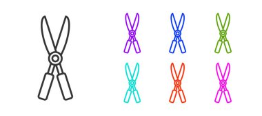 Beyaz arkaplanda izole edilmiş simgeyi budamak için siyah çizgili el yapımı makas. Ahşap saplı budama makası. Simgeleri renklendirin. Vektör İllüstrasyonu.