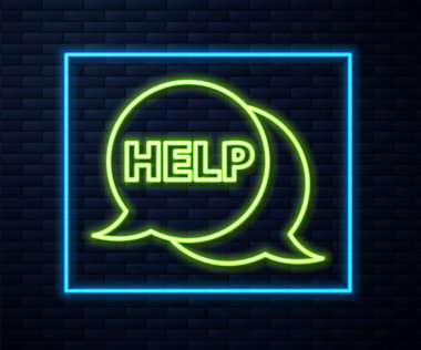 Metin içerikli parlak neon hattı konuşma balonu tuğla duvar arka planında izole edilmiş bir simge. Vektör İllüstrasyonu.