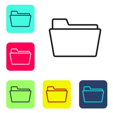 Beyaz arkaplanda siyah çizgi dosya klasörü simgesi izole edildi. Muhasebe klasörü sembolü. Muhasebe yönetimi. Renkli kare düğmelerle simgeleri ayarla. Vektör İllüstrasyonu.