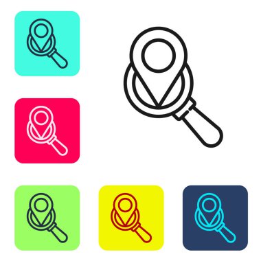 Siyah çizgi Arama konumu simgesi beyaz arkaplanda izole edildi. İşaretli büyüteç. Renkli kare düğmelerle simgeleri ayarla. Vektör İllüstrasyonu.