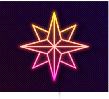 Parlayan neon çizgisi. Rüzgar simgesi siyah arkaplanda izole edilmiş. Seyahat için pusula simgesi. Navigasyon tasarımı. Vektör İllüstrasyonu.