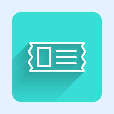 Beyaz çizgi sinema bileti ikonu uzun gölgeli izole edilmiş. Yeşil kare düğmesi. Vektör İllüstrasyonu.