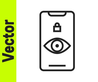 Siyah çizgi göz tarama simgesi beyaz arkaplanda izole edildi. Göz taraması yapılıyor. Güvenlik kontrol sembolü. Siber göz işareti. Vektör İllüstrasyonu.