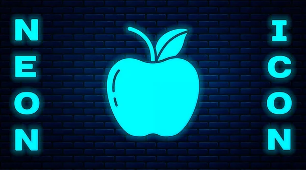 Icono Neón Brillante Apple Aislado Fondo Pared Ladrillo Fruta Con — Vector de stock