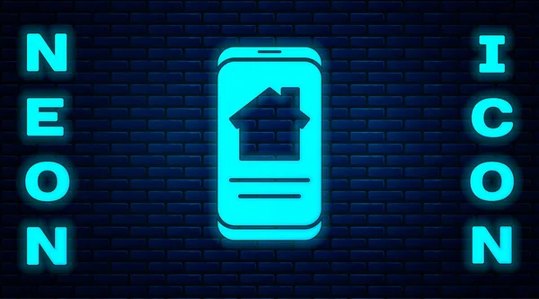 Gloeiende Neon Online Vastgoed Huis Smartphone Icoon Geïsoleerd Bakstenen Muur — Stockvector