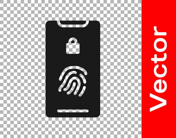 Schwarzes Smartphone Mit Fingerabdruck Scanner Symbol Auf Transparentem Hintergrund Sicherheitskonzept — Stockvektor