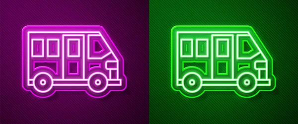 Glowing Neon Line School Bus Icon Isolated Purple Green Background — Stock Vector