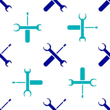 Mavi tornavida ve ingiliz anahtarı anahtar araçları simgesi beyaz arkaplanda izole edilmiş pürüzsüz desen. Servis aracı sembolü. Vektör İllüstrasyonu.