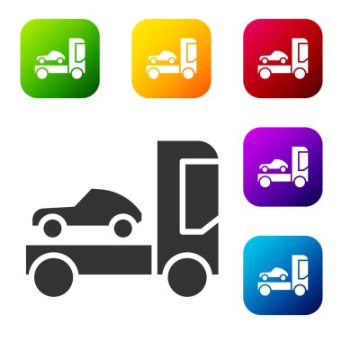 Siyah araba taşıyıcı kamyonu beyaz arka planda izole edilmiş araç simgesinin taşınması için. Renkli kare düğmelerle simgeleri ayarla. Vektör İllüstrasyonu.