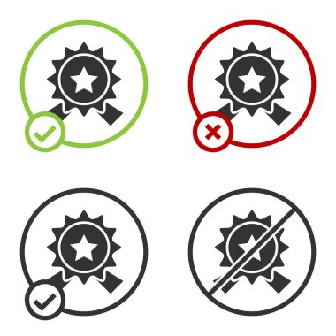 Beyaz zemin üzerinde yıldız simgesi olan siyah madalya. Kazanan başarı işareti. Ödül madalyası. Çember düğmesi. Vektör İllüstrasyonu.