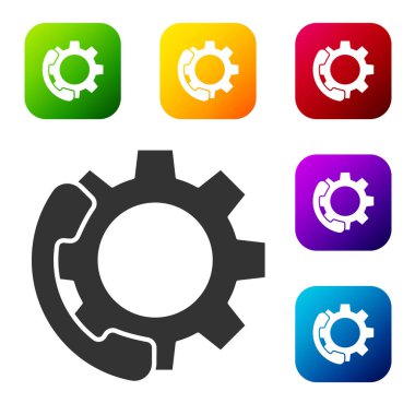 Siyah Telefon, beyaz arkaplanda 24 saat boyunca izole edilmiş destek ikonu. Tüm gün müşteri destek merkezi. Tam zamanlı çağrı servisi. Renkli kare düğmelerle simgeleri ayarla. Vektör İllüstrasyonu.