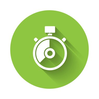 Beyaz Kronometre simgesi uzun gölgeli izole edildi. Zaman göstergesi. Kronometre işareti. Yeşil daire düğmesi. Vektör İllüstrasyonu.