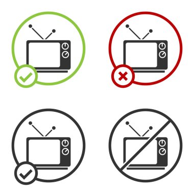 Siyah Retro TV simgesi beyaz arkaplanda izole edildi. Televizyon tabelası. Çember düğmesi. Vektör İllüstrasyonu.