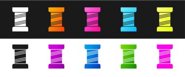 Dikiş ipliğini siyah ve beyaz arkaplanda izole edilmiş simge simgesine ayarla. İplik makarası. İplik kutusu. Vektör İllüstrasyonu.