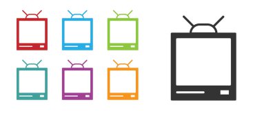 Siyah Retro TV simgesi beyaz arkaplanda izole edildi. Televizyon tabelası. Simgeleri renklendirin. Vektör İllüstrasyonu.