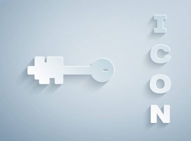 Kağıt kesiği Gri arkaplanda eski anahtar simgesi izole. Kağıt sanatı tarzı. Vektör İllüstrasyonu.