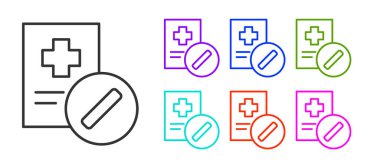 Siyah çizgi tıbbi reçete simgesi beyaz arkaplanda izole edilmiş. RX formu. Yemek tarifi. Eczane ya da ilaç sembolü. Simgeleri renklendirin. Vektör İllüstrasyonu.