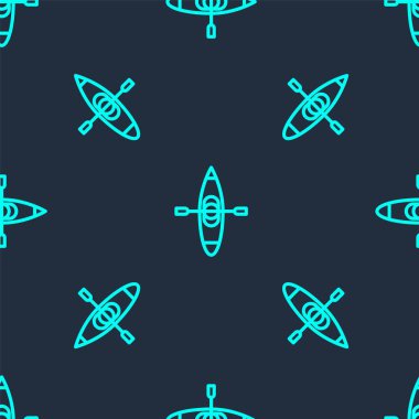 Yeşil çizgi kano ve kürek ikonu mavi arka planda izole edilmiş pürüzsüz desen. Balıkçılık ve turizm için kano. Açık hava aktiviteleri. Vektör İllüstrasyonu.