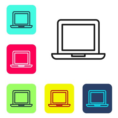 Siyah çizgi dizüstü bilgisayar simgesi beyaz arkaplanda izole edildi. Boş ekran işaretli bilgisayar defteri. Renkli kare düğmelerle simgeleri ayarla. Vektör İllüstrasyonu.