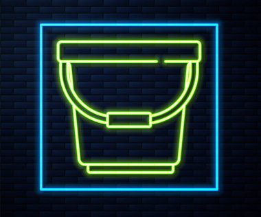 Parlayan neon hattı Bucket simgesi tuğla duvar arka planında izole edildi. Vektör İllüstrasyonu.