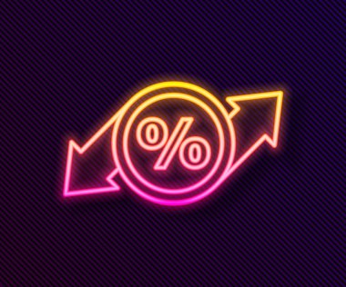 Parlayan neon hattı% indirimli etiket simgesi siyah arkaplanda izole edildi. Etiket alışverişi. Özel teklif işareti. İndirim kuponları sembolü. Vektör İllüstrasyonu.