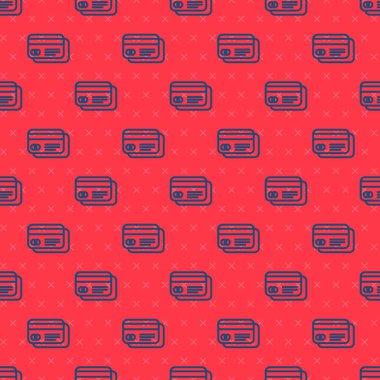 Mavi çizgi kredi kartı simgesi kırmızı arkaplanda kusursuz desen izole etti. Çevrimiçi ödeme. Nakit çekilmesi. Finansal operasyonlar. Alışveriş tabelası. Vektör İllüstrasyonu.