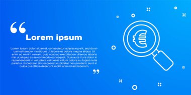 Mavi arka planda beyaz çizgi büyüteç ve avro sembolü izole edildi. Para bul. Para arıyorum. Vektör İllüstrasyonu.