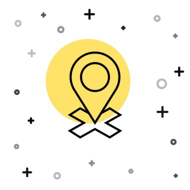 Siyah çizgi harita pin simgesi beyaz arkaplanda izole edildi. Navigasyon, işaret, konum, harita, GPS, yön, yer, pusula, arama konsepti. Rastgele dinamik şekiller. Vektör İllüstrasyonu.