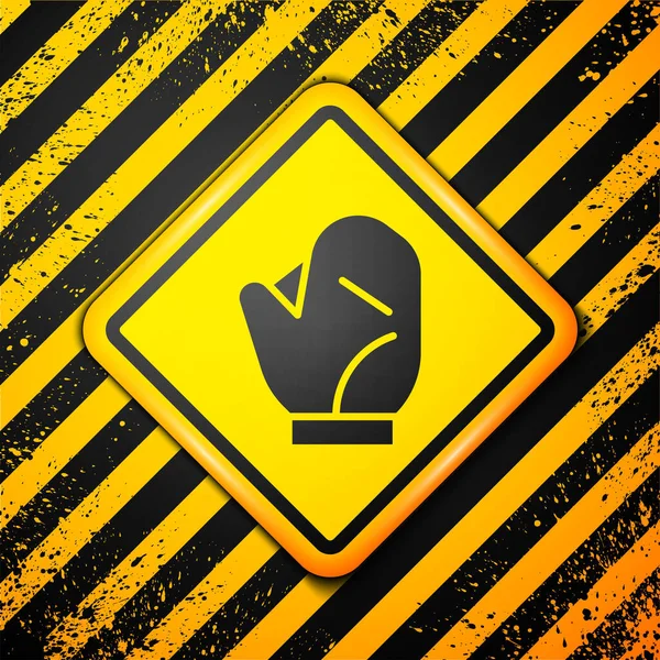 黄色の背景に隔離された黒い野球手袋のアイコン 警告サインだ ベクターイラスト — ストックベクタ