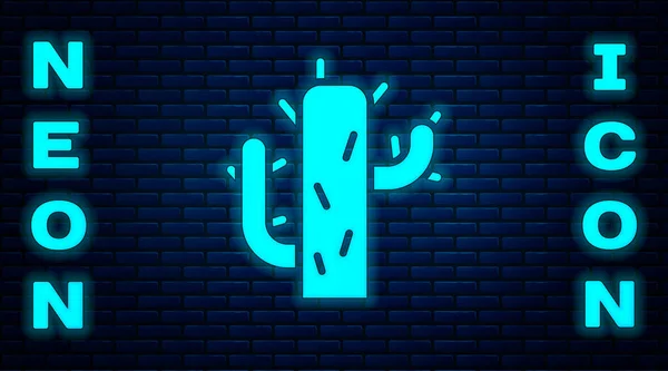 Glowing Neon Cactus Icon Isolated Brick Wall Background Vector Illustration — Stock Vector