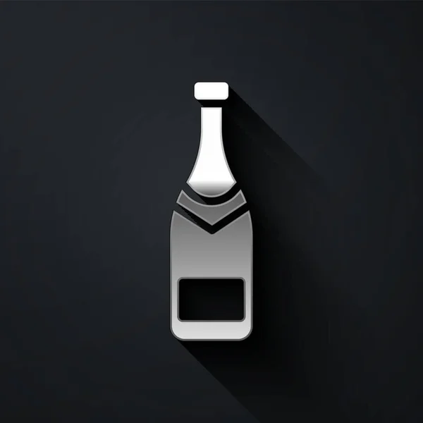 Silver Champagne Fles Pictogram Geïsoleerd Zwarte Achtergrond Lange Schaduw Stijl — Stockvector