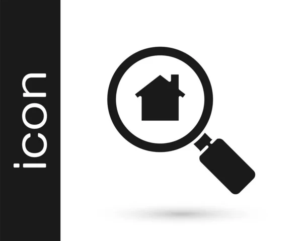 灰色搜索屋图标隔离在白色背景 在放大镜下房子的房地产标志 病媒图解 — 图库矢量图片